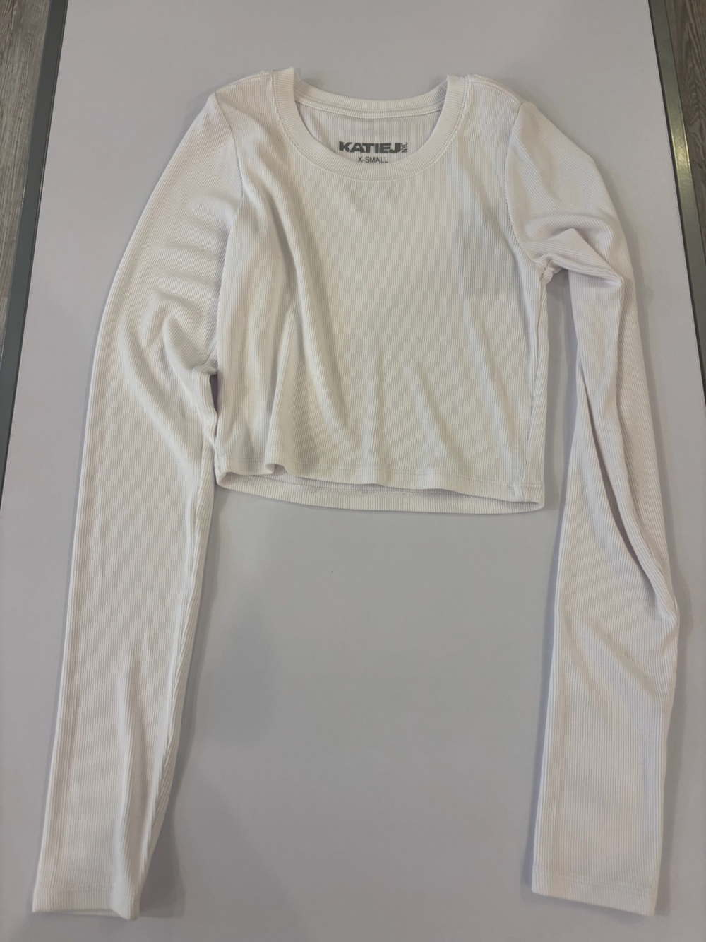 Katie K White Ribbed cropped Long Sleeve Top